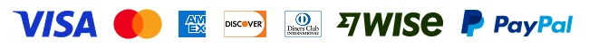 We accept payment via Visa, Mastercard, American Express, Discover, Diners Club, Wise, bank transfer and PayPal.